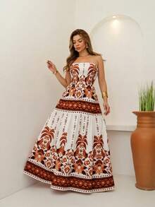 RAINBOW Strapless Long Dress Plain Printed Viscose Cheap Size 36-42 With Elastic Casual Elegant Women's For Versatile And Comfortable Looks - 65-B/磁磚 - 查看 3