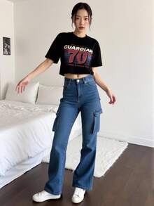 Jeans de Mezclilla Flare Cargo-Pantalón de Mezclilla Flare Cargo de Tiro Alto con Bolsillos Laterales - AZUL H005 - Ver 4