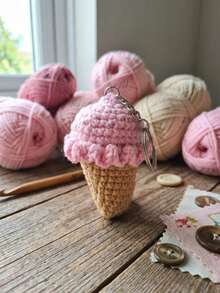 Llavero de Tela Hecho a Mano Artesanal Suave Resistente Diseño Único Grande Helado Rosa - Multicolor - Ver 2