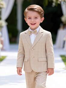 三件套儿童正装，优雅男童西装，男童西装，儿童正装，男童西装，格子西装外套，裤子，领带，适合春夏穿着 - 卡其色 - 查看 4
