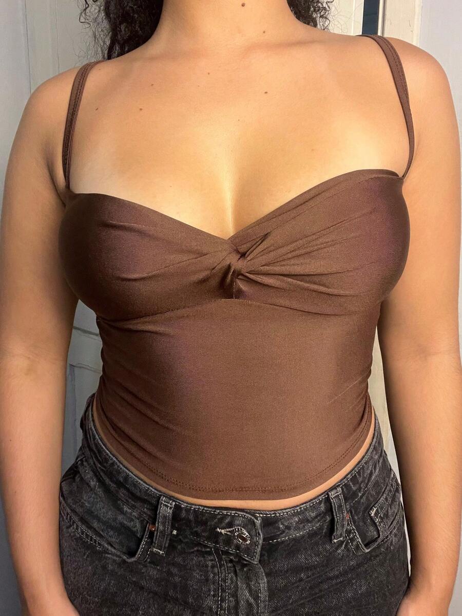 Cropped Top With Knot Detail, Padded Cups, And Crisscross Straps. - Rust Brown - View 1