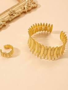 2pcs 18k Gold Plated Leaf Design Bracelet And Ring Set, Suitable For Daily Wear - Gold - View 3