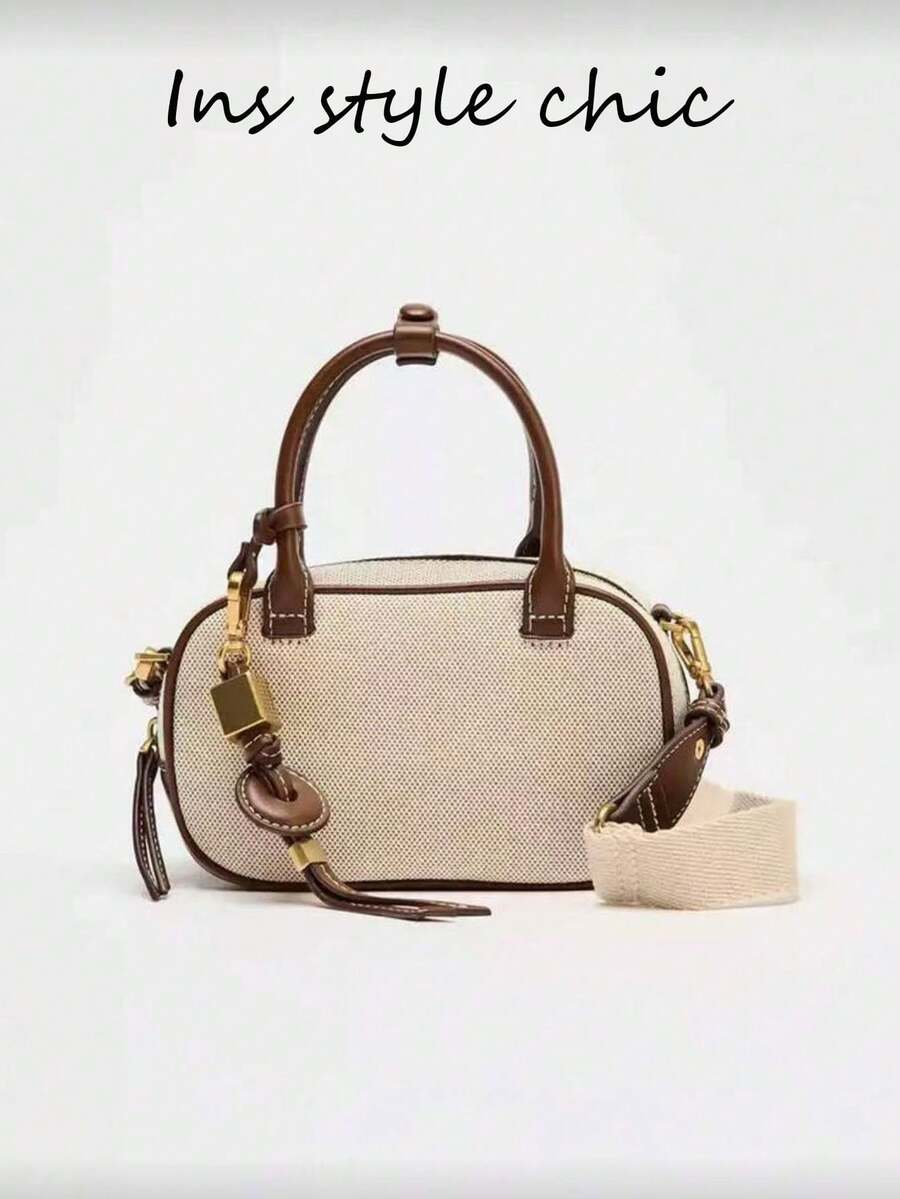 Bolso de mano de lona marrón con patchwork, bolso de hombro y bolso cruzado, con correa de hombro ajustable y desmontable, cremallera de moda, diseño elegante, ideal para el desplazamiento diario, compras, viajes y diversas ocasiones, combinando moda y practicidad, nuevo para primavera/verano 2026 - Ver 1