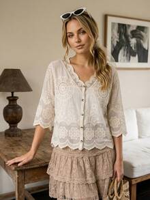 女士复古波西米亚风半透明蕾丝衬衫，V领纽扣刺绣梭织衬衫，常规长度休闲衬衫袖设计 - 杏色 - 查看 6