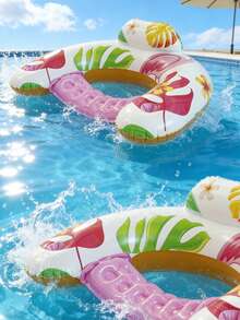 1个充气U型成人躺椅浮垫，枫叶和火烈鸟图案，简易水上娱乐浮垫，PVC材质，带2个杯架，充气水上躺椅，泳池派对，沙滩娱乐 - 粉紅色繫-1件裝 - 查看 3