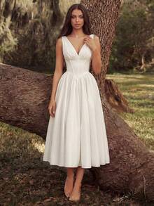 Đầm dạ hội nữ thanh lịch không tay cổ chữ V sâu, xếp ly xương cá, eo cao, buộc dây sau, dáng xòe dài đến đầu gối, thích hợp cho tiệc prom, sinh nhật, hẹn hò buổi tối, tiệc cưới, tiệc cocktail, lễ hội gia đình, mùa xuân, màu trắng. - trắng - Xem 7