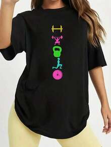 Camiseta Deportiva para Mujer - Serie Fitness para Gimnasio - Estampado Colorido de Mancuernas y Equipos de Ejercicio, Top Casual de Manga Corta con Cuello Redondo para Primavera/Verano, Ropa Deportiva |     Camisa con Estampado Divertido |     Camiseta de talla grande de tela de poliéster, estilo relajado. Nuevas llegadas de verano. - Negro - Ver 8