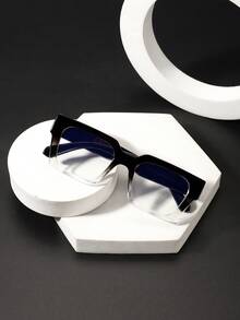 1副男士方形镜框无度数眼镜，聚碳酸酯镜框，优雅复古休闲风格，黑色镜框顶部和透明镜框底部，适合日常通勤、办公和校园佩戴，附眼镜盒 - 彩色 - 查看 6