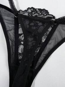 2 piezas Conjunto de lencería sexy para mujer, sujetador con aros y push-up con bordado floral - Negro - Ver 6