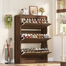 Shoe Cabinet With 3 Flip Drawers & Adjustable Shelves, Narrow Freestanding Shoe Storage Cabinet For 18-27 Pairs, Hidden Slim Shoe Rack Cabinet For Entryway, Walnut - 查看 1