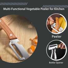 Multifunctional Vegetable Peeler With Wooden Handle And Bottle Opener, 2-In-1 Stainless Steel Blade, Contour-Flow For Kitchen Prep, Camping, Apple Potato Pumpkin Papaya - 銀色 - 查看 3