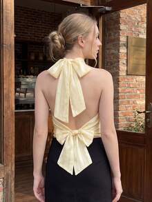 Womens Summer Halter Tank Tops Fashionable Solid Color/Dot Print Backless Going Out Vest - Yellow - View 2