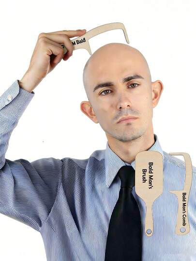 2pcs Bald Head Comb Set, Bald Head Joke Hair Brush, Funny Gift For Bald Men, Wooden Hairless Comb And Toothless Brush Set, Gag Gift For Balding Friends