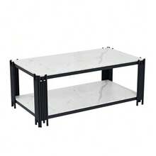 Rectangular Coffee Table With Metal Legs, Marble-Effect Tabletop, Modern Living Room Furniture, Black – H46/W1140/D64 Cm - Black - View 9
