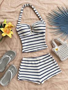 Conjunto de dos piezas para mujer con rayas azules y blancas, top halter de cuello al aire con textura de ganchillo y shorts cortos a rayas, estilo náutico y fresco, ideal para vacaciones de verano, playa, piscina, brunch, paseos costeros, fiestas en la playa y salidas casuales - Multicolor 7 - Ver 11