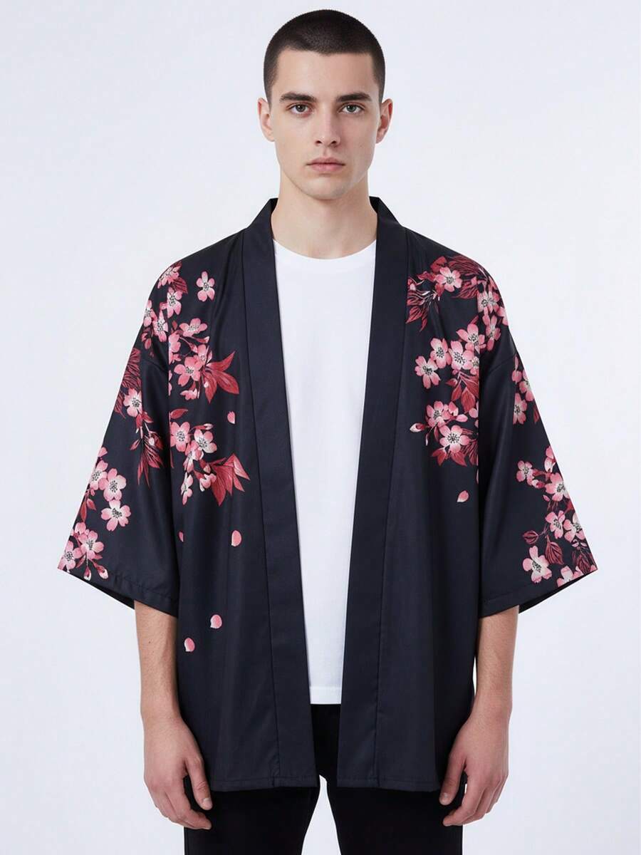 日本浮世绘风格复古罩衫和服，夏季七分袖宽松沙滩罩衫，休闲百搭中式轻薄外套 - 黑色 - 查看 1