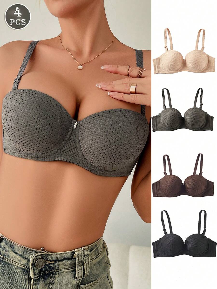 4pcs/Set Women's Comfortable Breathable Wireless Soft Cup Solid Color Bras - Multicolor - View 1
