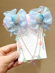 2pcs Girls Mermaid Shell & Starfish Hair Clips, Headband Chain, Bowknot Tassel Princess Hair Accessories - Multicolor - View 11