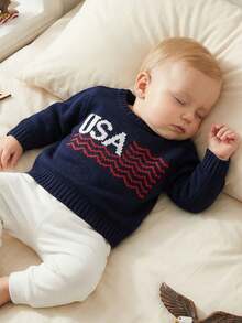 Baby Girl Boy 4th Of July Outfit Kids Sweater, Long Sleeve Crew Neck Letters Warm Winter Sweater Clothing For Girls Boys - 藍色 - 查看 5