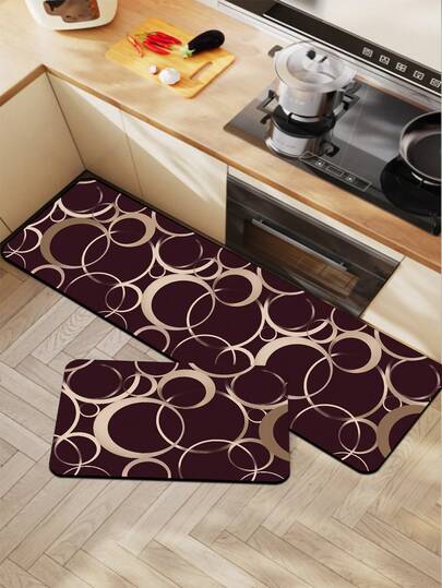 1pc Silicone Kitchen Mat, Deep Burgundy Base Color With Scattered Interwoven Light Gold/Champagne Circular Ring Patterns, Presenting A Luxurious Vintage European Style, Stable Color Scheme And High-Quality Texture.