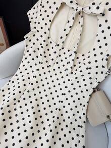 GMFP Women's Casual Elegant Fashion Bodycon Vacation Beach Knotted Collar Polka Dot Print Dress, Mother's Day White Summer - White - View 10