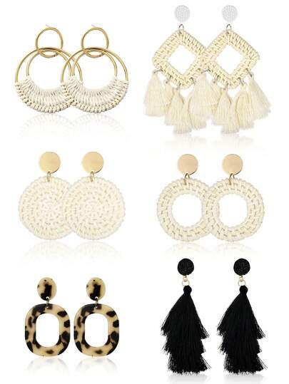 1/6对藤编耳环，女士沙滩必备流苏吊坠波西米亚风草编耳环