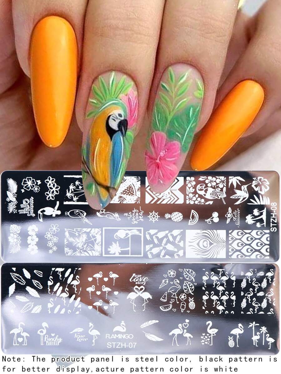 2 Tropical Plant Nail Printing Template, Parrot, Flamingo And Plant Fruit Nail Hot Stamping Plate, Easy To Clean, Reusable, DIY Nail Template Printing Mold Nail Tool - Silver - View 1