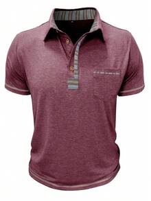 Camisa polo de manga corta retro para hombre de talla grande, camisa casual de verano con bolsillo en el cuello - Burdeos - Ver 2
