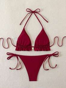 Swim Mod Women's Swimsuit, Two-Piece Bikini Set With Halter Neck, Ruffles And Bow In Solid Color For Summer - 波爾多 - 查看 5