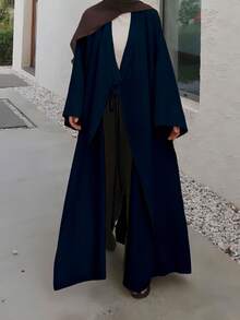 Bata de mujer de unicolor y elegante, chaqueta casual suave y cómoda, bata para uso diario y vacaciones, corte holgado - azul real - Ver 3