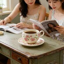 280ml Pink Floral Shaped Iced Latte Cup Set, Wedding Favor Bridal Shower Party Gift, Summer Ceramic Coffee Cup With Saucer - Multicolor - View 7