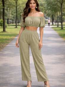Set de dos piezas Ligero delgado Pantalón y blusa ombliguera de moda para mujer casual de uso diario de moda top corto unicolor para vacaciones - Verde Oliva - Ver 5