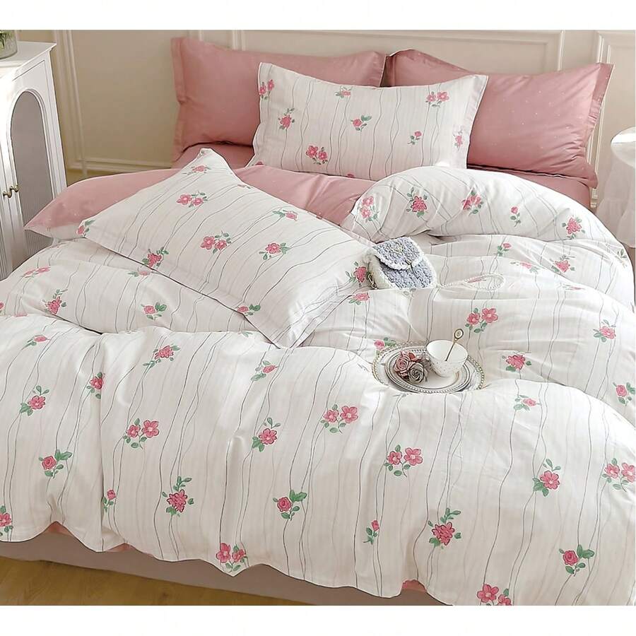 3pcs Romantic White Pink Floral Striped Pattern 160x200cm 220x200cm Double Super King Size 100% Cotton Duvet Cover Set, Shabby Chic AB Design Bedding With 70x80cm Zipper Pillowcases - White - View 1
