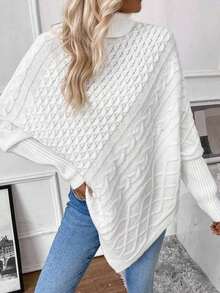 High-Neck Batwing Sleeve Knit Poncho For Winter With Long, Wide Sleeves, High Quality. - 白色 - 查看 7