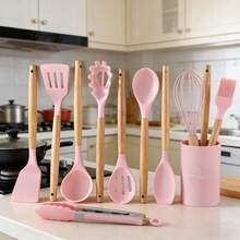 Premium 12-Piece Silicone Kitchen Utensil Set With Storage Bucket, Heat-Resistant Cooking Tools, Natural Wooden Handles, Non-Scratch, Suitable For All Cookware, A Must-Have For Home Chefs - 黑色 - 查看 1