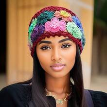 A Women's Multi-Color  Bohemian Crochet Hat, New Spring/Summer Style, Artistic Colorful Floral Hollow-Out Headwrap, Knitted Wool Hat, Beanie (Flower Color Random) - Khaki 1 - View 10