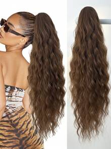 26英寸耐热合成纤维直发马尾假发，渐变棕色至酒红色至黑色，爪夹设计，适合女性日常波浪发型 - Dark Brown - 查看 14