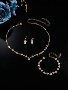 Gold Water Drop Rhinestone Women's Jewelry Set | V-Neck Necklace, Bracelet And Dangle Earrings Suitable For Weddings, Parties, Balls And Formal Occasions - Gold - View 4