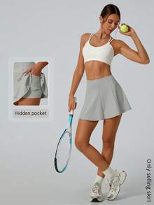 NcmRyu 1pc Women Solid Color Elastic Lining Shorts With Pockets, Sports Tennis Skirt - Grey - View 1