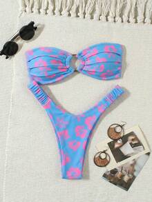 Women's Fashionable Sexy Beach Vacation Floral Print Ruched Bust Decor Bandeau Bikini Set - Multicolor - View 2