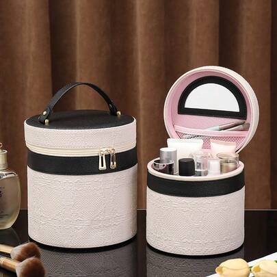 1个优雅纹理化妆桶包，女士大容量化妆品收纳包，内置镜子，便携式PU皮革洗漱包，适合旅行、日常使用，可爱收纳袋，送给女孩的完美礼物