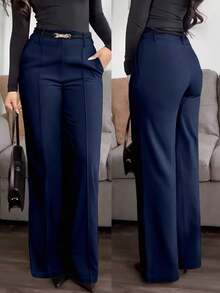Jessfin Solid Color Zippered Pocket Suit Fabric Straight Leg Pants, Waistband-Less, Commuting Elegant Office Casual Versatile, Spring/Summer - Màu xanh hải quân - Xem 8