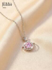 Hihho 1 chiếc mặt dây chuyền hình ngôi sao/hành tinh màu hồng nhạt sang trọng, thiết kế lãng mạn với hình dáng hành tinh được bao quanh bởi kim cương và vòng sao, nhẹ nhàng và thanh lịch, phù hợp cho phụ nữ đi làm hàng ngày và hẹn hò. - Hành tinh trong mơ - Xem 3