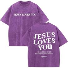 [100% Cotton]  Christian Jesus Loves You Shirts For Men Religious Oversized  Jesus Faith Acid Wash T Shirt God Top Unisex Women's & Men's Campus Daily - 紫色 - 查看 1