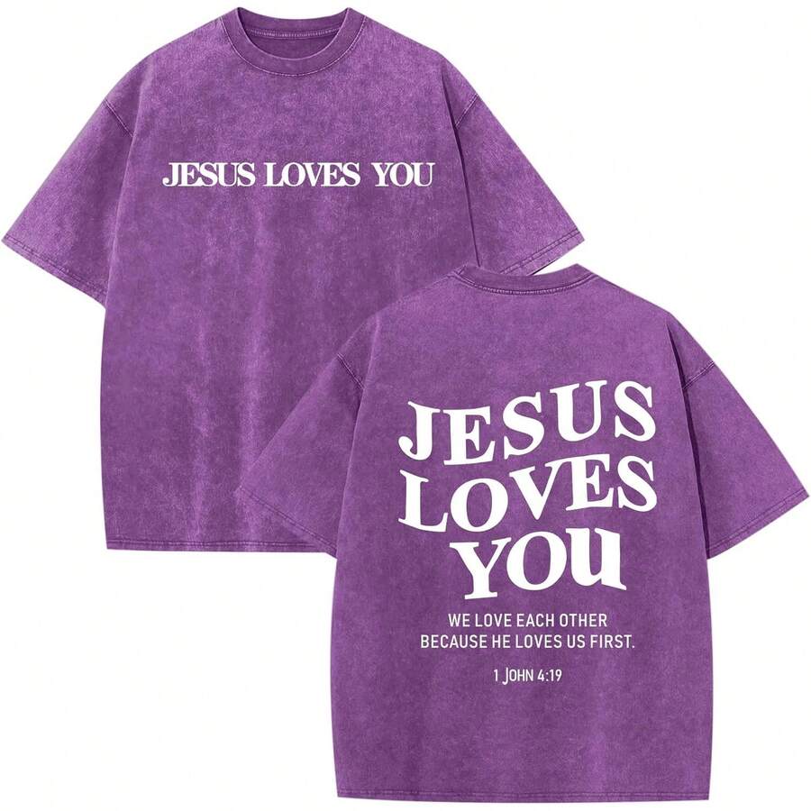 [100% Cotton]  Christian Jesus Loves You Shirts For Men Religious Oversized  Jesus Faith Acid Wash T Shirt God Top Unisex Women's & Men's Campus Daily - 紫色 - 查看 1