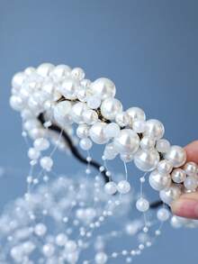 1 chiếc băng đô ngọc trai nhiều lớp sang trọng dành cho nữ, phụ kiện tóc cô dâu có tua rua, kiểu dáng váy cưới. - trắng - Xem 4