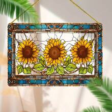 2D Flat Acrylic Sunflower Stained Glass Window Hanging - Rectangular Vintage Frame Suncatcher Decor For Home, Kitchen & Flower Lover Gift - Multicolor - View 6