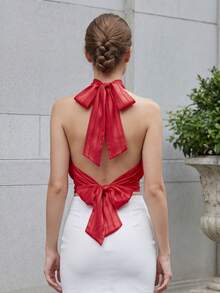 Womens Summer Halter Tank Tops Fashionable Solid Color/Dot Print Backless Going Out Vest - Rojo - Ver 6