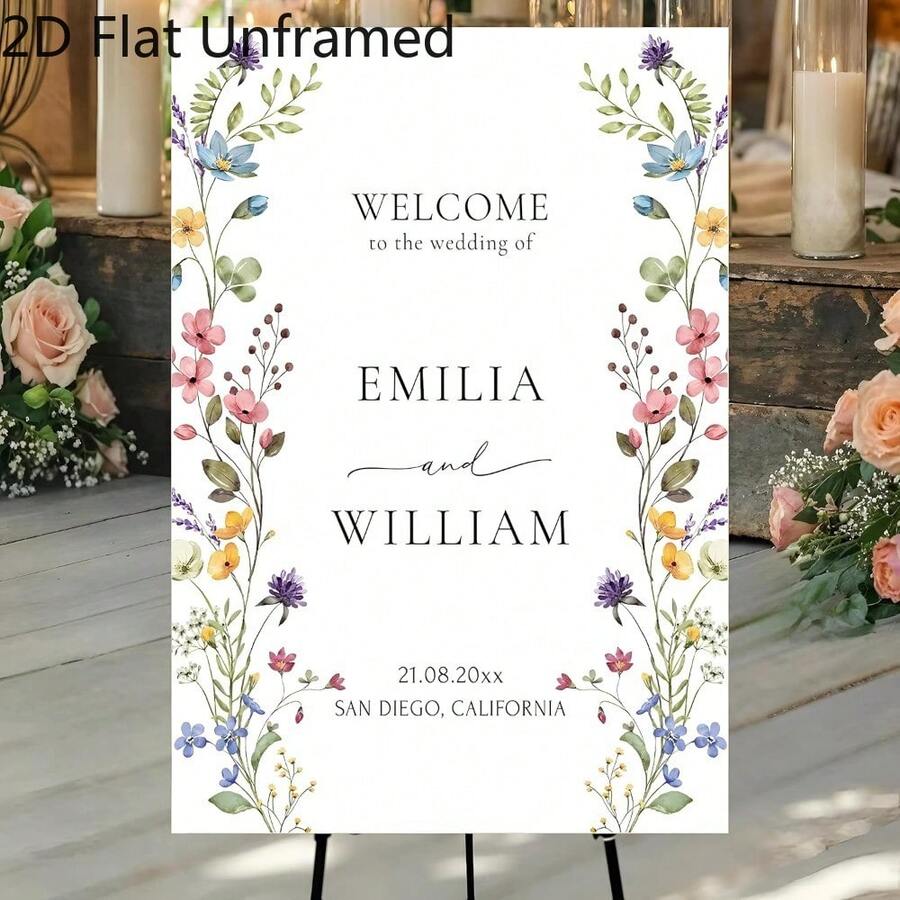Letrero y póster de bienvenida de boda personalizado y plano 2D - Añade nombres y fecha, apto para bodas, cumpleaños, baby showers - Impresión en lienzo sin marco para decoración de pared, regalo para mujeres, parejas, familias, mascotas - Minimalista moderno, plano 2D - Sin marco - Ver 1