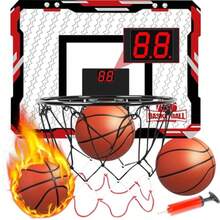 Canasta de Basquetbol para Niños Plegable - Tablero de Basketball con Contador Electrónico De Puntaje 3 Mini Balón Instalación en Puerta y Pared - Rojo - Ver 1
